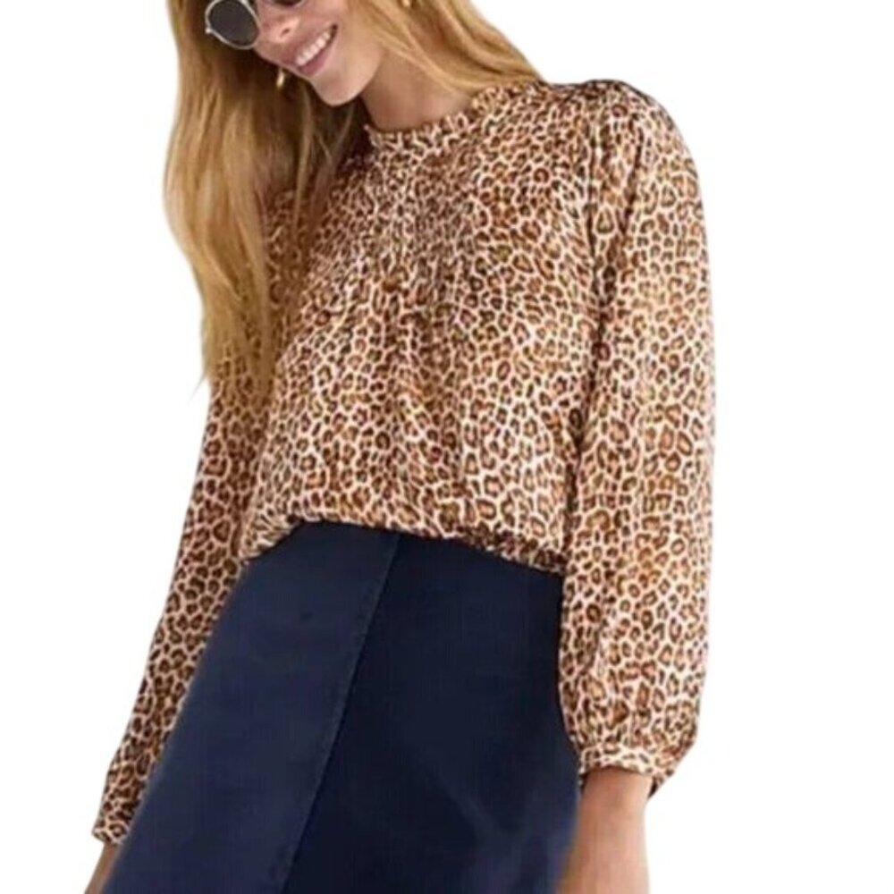 J Crew Blouse Size XL Ruffled Neck Long Sleeve Leopard print Top Tan Brown NEW